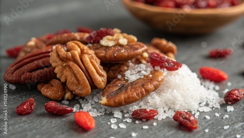 A macro shot of a single trail mix highlighting the intricate details of a pecan encrusted with a thin layer of sea salt nestled beside vibrant rubyred goji berries. The photo