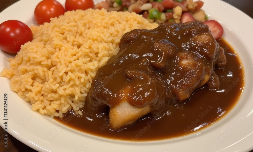 Delicious chicken with rice and sauce Delicious chicken with rice and sauce