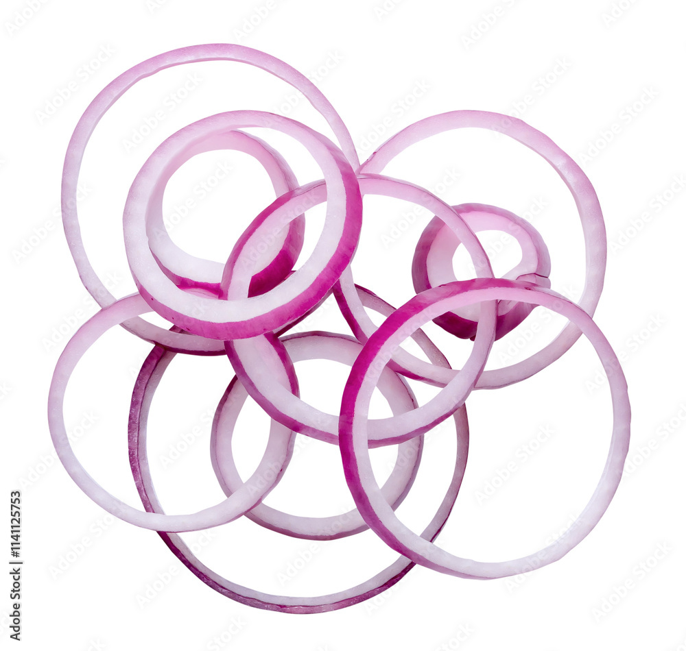 Onion slices or rings in stack isolated on white background with clipping path. Top view and flat lay Onion slices or rings in stack isolated on white background with clipping path. Top view and flat lay