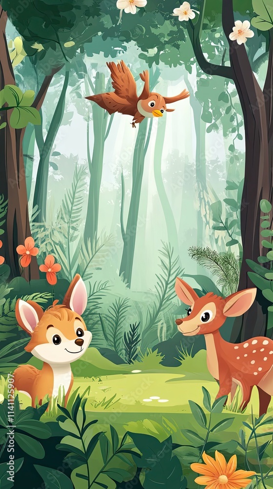 Adorable forest animals a fox deer and bird playing Adorable forest animals a fox deer and bird playing