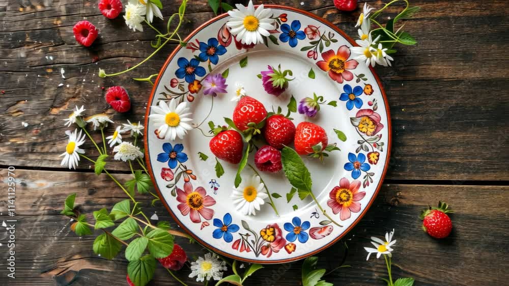 Vibrant plate adorned with flowers and berries sits atop rustic wooden table, Ai Generated. Vibrant plate adorned with flowers and berries sits atop rustic wooden table, Ai Generated.