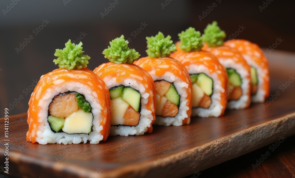 Delicious sushi rolls with vibrant toppings Delicious sushi rolls with vibrant toppings