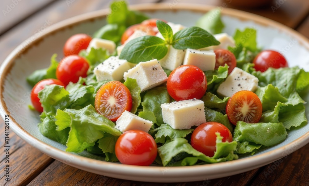 Fresh salad with tomatoes and cheese cubes Fresh salad with tomatoes and cheese cubes