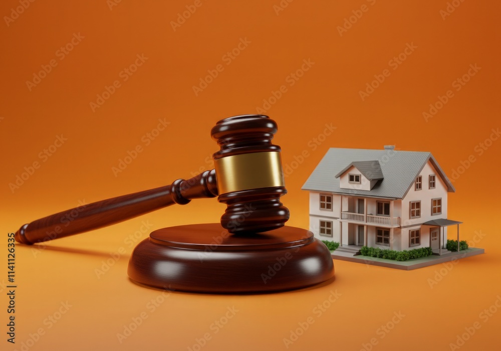 A Gavel next to a House model symbolizing an Auction, set against a Bright Orange Backdrop A Gavel next to a House model symbolizing an Auction, set against a Bright Orange Backdrop