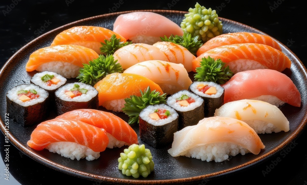 Delicious sushi assortment on black plate Delicious sushi assortment on black plate
