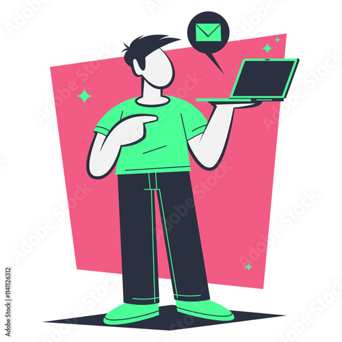 Flat design illustration of a man holding a laptop while viewing an incoming message. The minimalist design highlights digital interaction with modern notification icons