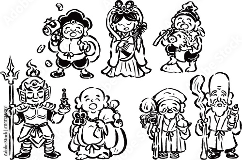 七福神　筆タッチ手描き　立ちポーズ単色線画イラストセット