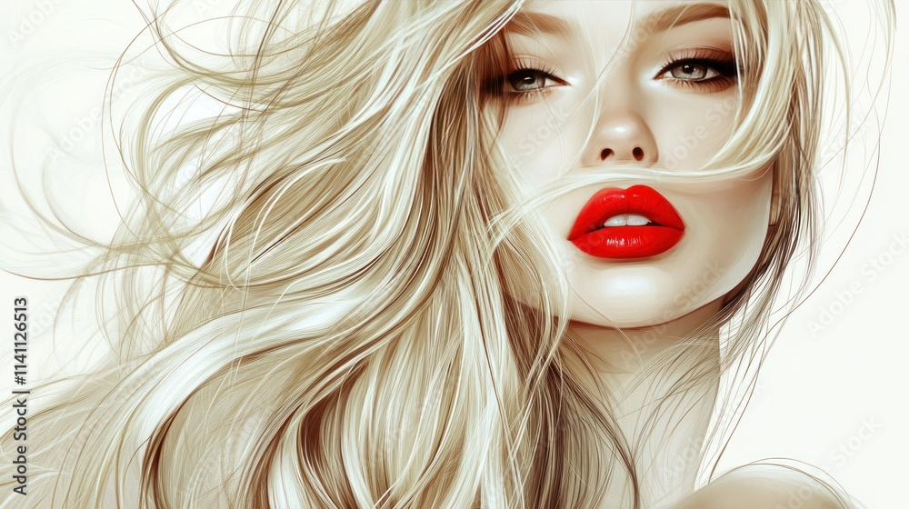 Obraz premium blond woman with red lips and long hair with perfect hairstyle