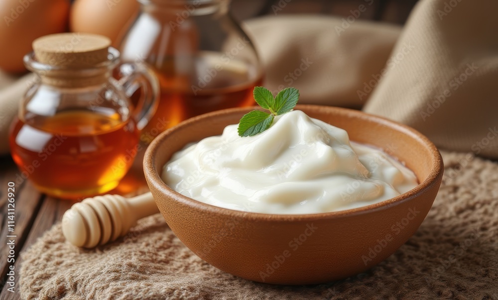 Creamy yogurt with honey and mint leaves Creamy yogurt with honey and mint leaves
