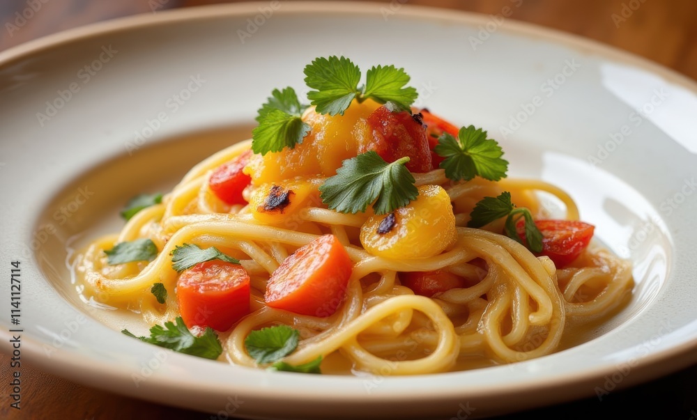 Colorful pasta dish with vegetables and herbs Colorful pasta dish with vegetables and herbs