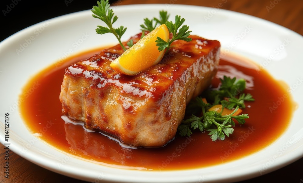 Delicious glazed salmon with citrus garnish. Delicious glazed salmon with citrus garnish.