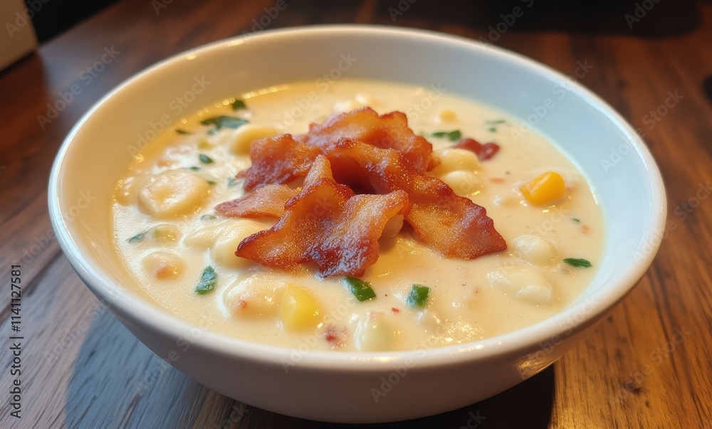 Delicious corn chowder with crispy bacon Delicious corn chowder with crispy bacon