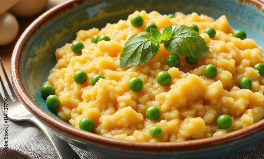 Creamy risotto with green peas garnish Creamy risotto with green peas garnish