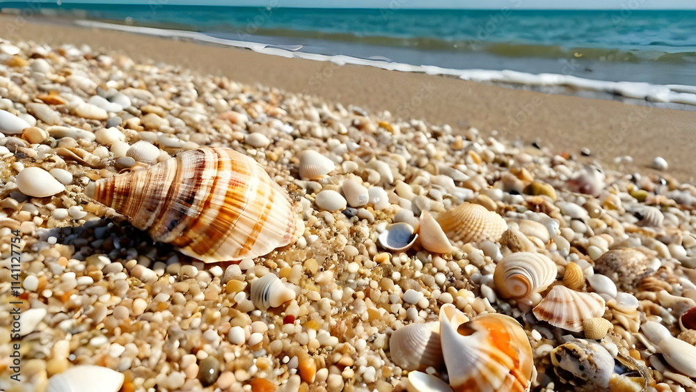 Beautiful seashells arranged on a sunny seashore, with a tranquil beach backdrop. Beautiful seashells arranged on a sunny seashore, with a tranquil beach backdrop.