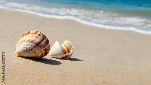 A picturesque beach scene featuring seashells on the sand.