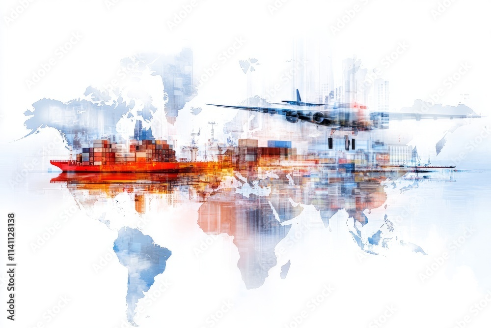 International trade and transportation concept with airplane and cargo ship on world map International trade and transportation concept with airplane and cargo ship on world map