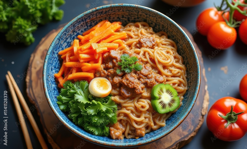 Delicious Asian noodle bowl with fresh toppings Delicious Asian noodle bowl with fresh toppings