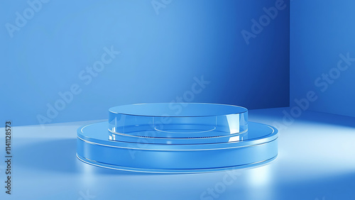 3D blue podium stand with circle glass backdrop is perfect for modern interior concept product display mockups. The stand is set on a floor and soft blue background