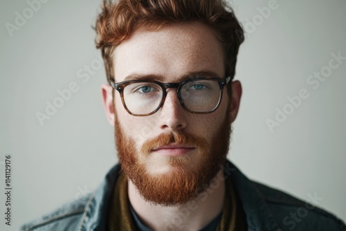 Confident Young Man with Glasses and a Beard Posing Against a Neutral Background