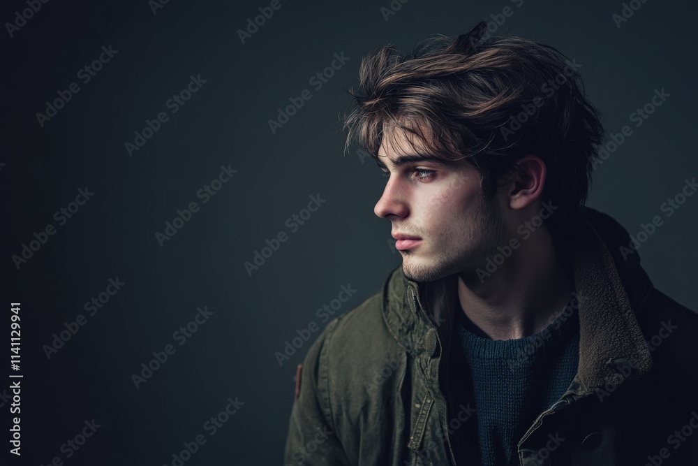 Thoughtful Young Man in Profile with Stylish Hair and Casual Jacket Thoughtful Young Man in Profile with Stylish Hair and Casual Jacket