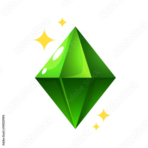 Shining green gem with sparkles isolated on white background. 
