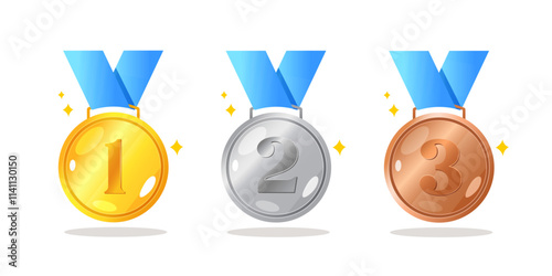 Gold, silver and bronze medals with ribbon isolated on white background.
