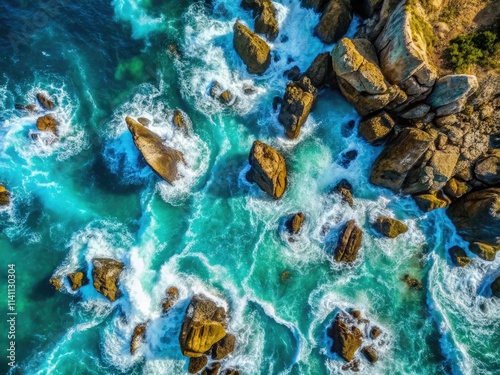 Crashing turquoise waves pummel rocky shores; a breathtaking aerial perspective.