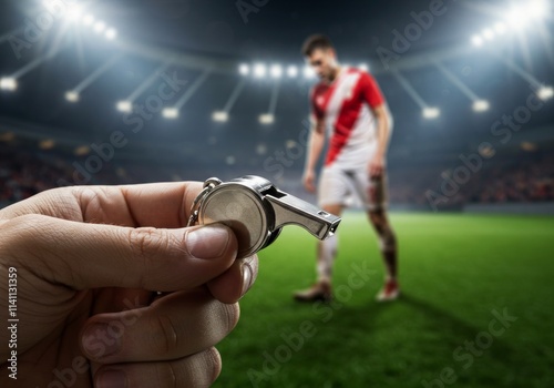 Close up of a referee's whistle at hand with blurred background of fatigue soccer player on the field