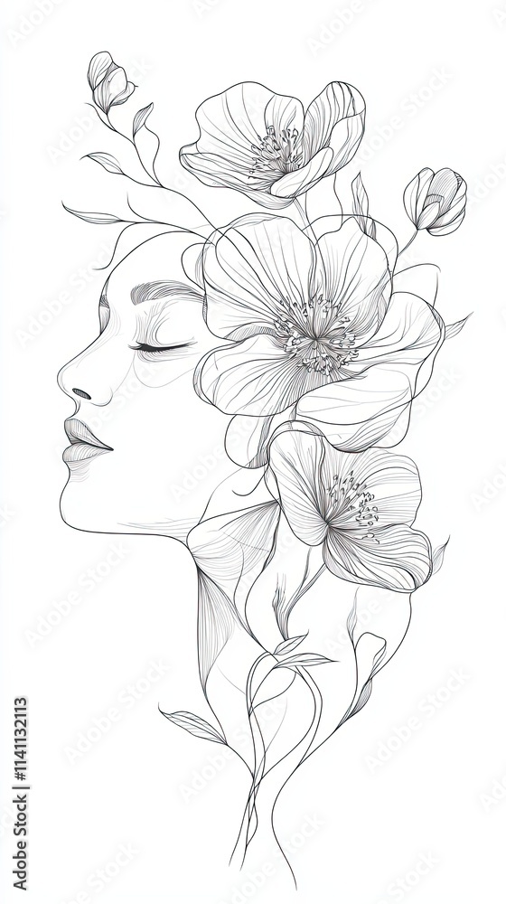 Serene Woman Profile Adorned With Delicate Flowers Serene Woman Profile Adorned With Delicate Flowers