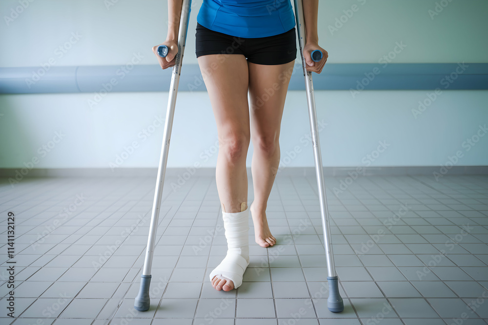 Crutches, blue top, bandaged foot, hospital like indoor environment highlights injury Crutches, blue top, bandaged foot, hospital like indoor environment highlights injury