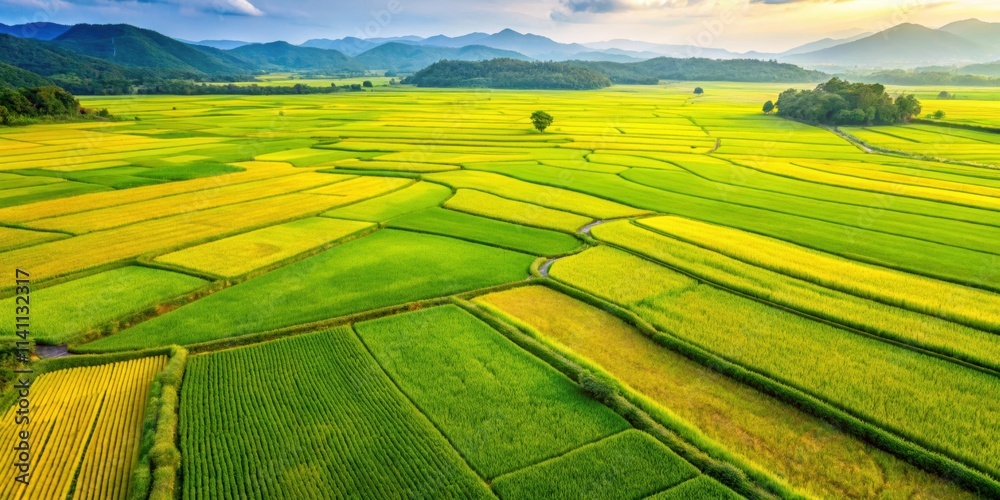Fototapeta premium Top view of lush green and yellow rice fields in agricultural landscape , rice, agriculture, farm, landscape, green