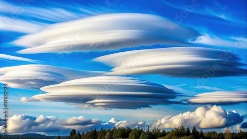 Lenticular clouds floating in the blue sky , lenticular clouds, weather phenomenon, atmospheric, nature