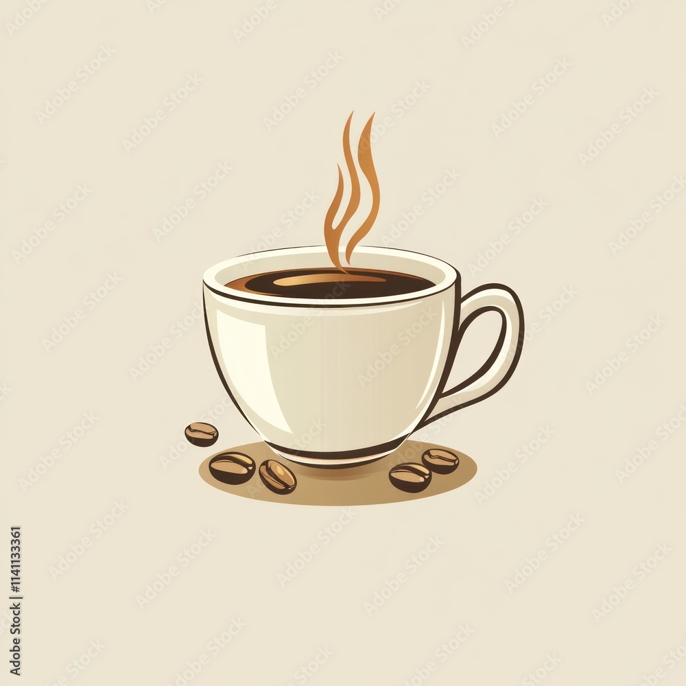 Obraz premium A steaming cup of coffee with coffee beans beside it, representing warmth and energy.
