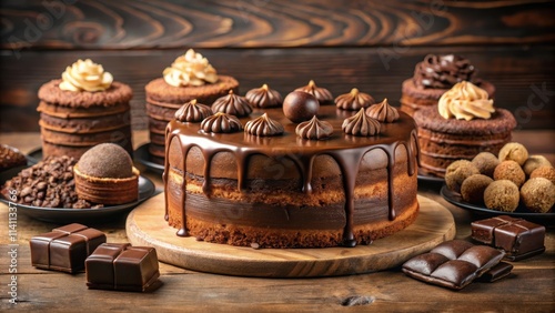 Delicious chocolate cake surrounded by chocolate pastries on a table, chocolate, cake, pastry, dessert, sweet, indulgent