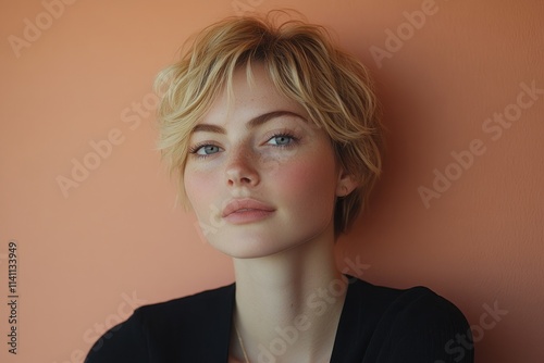 Beauty portrait of young happy Black woman with short blond hair healthy skin and nose piercing against a beige background