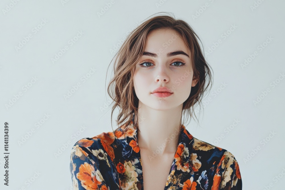 Elegant Young Woman in Floral Dress Posing Against a Soft Background Elegant Young Woman in Floral Dress Posing Against a Soft Background