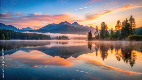 Reflection of dawn on a calm lake with misty mountains in the background, dawn, reflection, calm, lake, misty, mountains