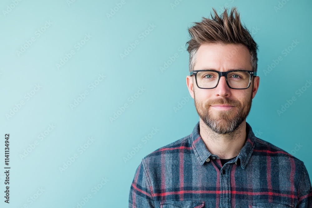 Stylish Man with Glasses and Trendy Hair Against a Blue Background Stylish Man with Glasses and Trendy Hair Against a Blue Background