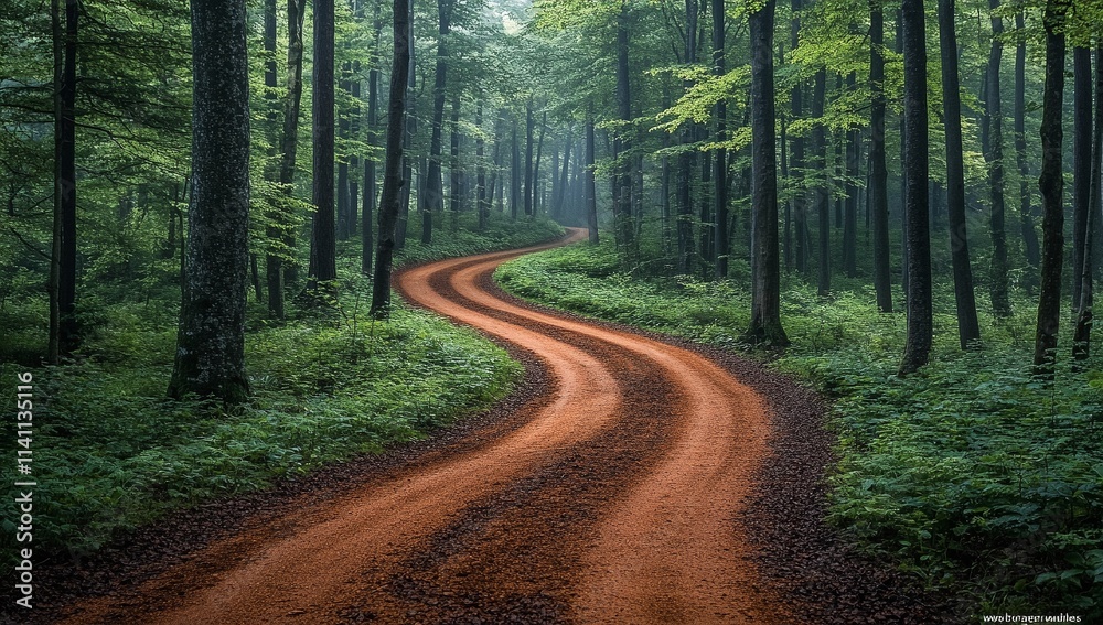 Obraz premium Serene winding road through a lush green forest. The earthy tones of the path contrast beautifully with the vibrant foliage.