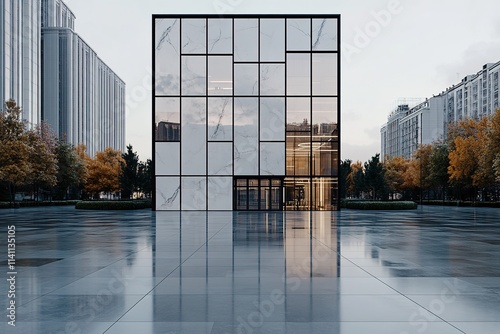 Modern glass and marble building reflecting on wet city square