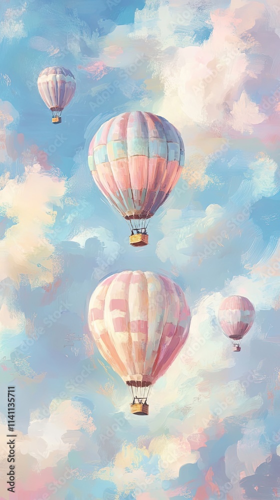 Fototapeta premium Pastel Hot Air Balloons Soaring Through a Dreamlike Sky