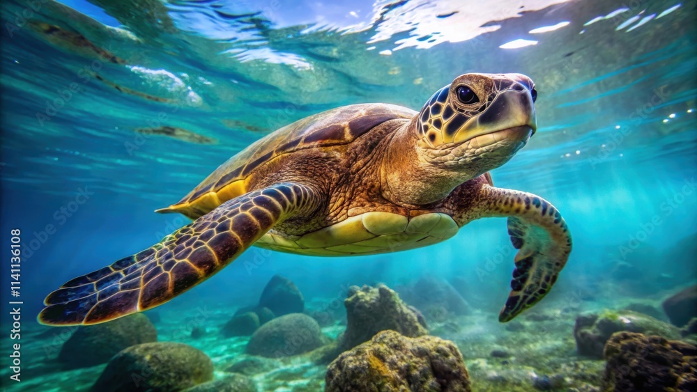 Fototapeta premium Close-up of a Hawaiian green sea turtle swimming underwater, Hawaiian, Green Sea Turtle, Chelonia mydas