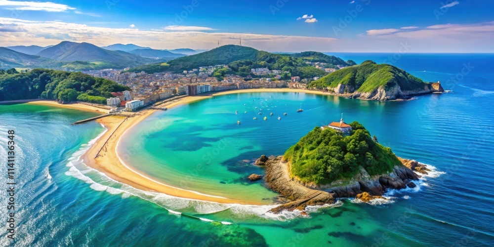 Naklejka premium Turquoise bay of San Sebastian with La Concha beach, aerial view, San Sebastian, Donostia