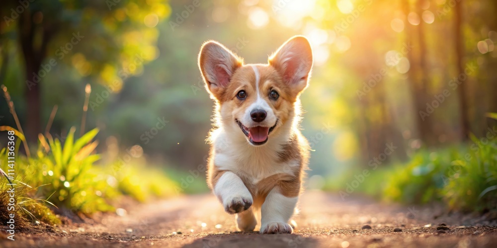 Fototapeta premium Adorable corgi puppy running joyfully on a sunny forest path , corgi, puppy, dog, running, forest, path, nature, pet, adorable