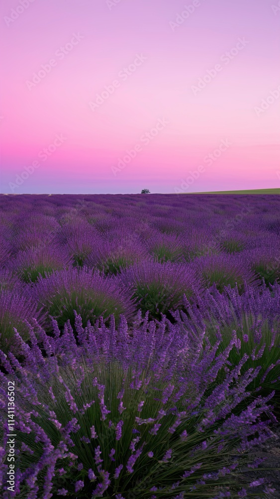 Obraz premium A field of lavender flowers stretching to the horizon under a soft pink sky.