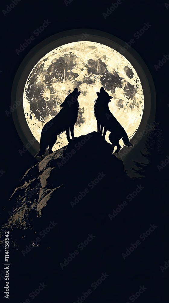 Two Wolves Howling at the Full Moon on a Hilltop Two Wolves Howling at the Full Moon on a Hilltop