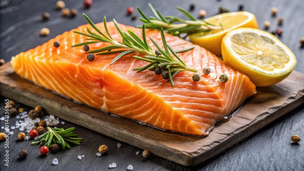 Tasty and fresh cooked salmon fish fillet with lemon and rosemary , salmon, fish, fillet, cooked, tasty, fresh, lemon