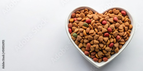 Top view of dry cat food in heart shaped bowl, providing essential nutrition for pets , pet food, cat, dry food, heart shaped