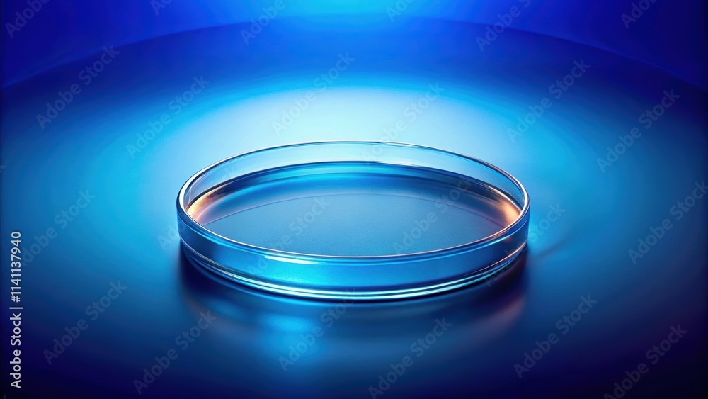 rendering of an empty glass petri dish on a blue background with colored lighting, petri dish, glass rendering of an empty glass petri dish on a blue background with colored lighting, petri dish, glass