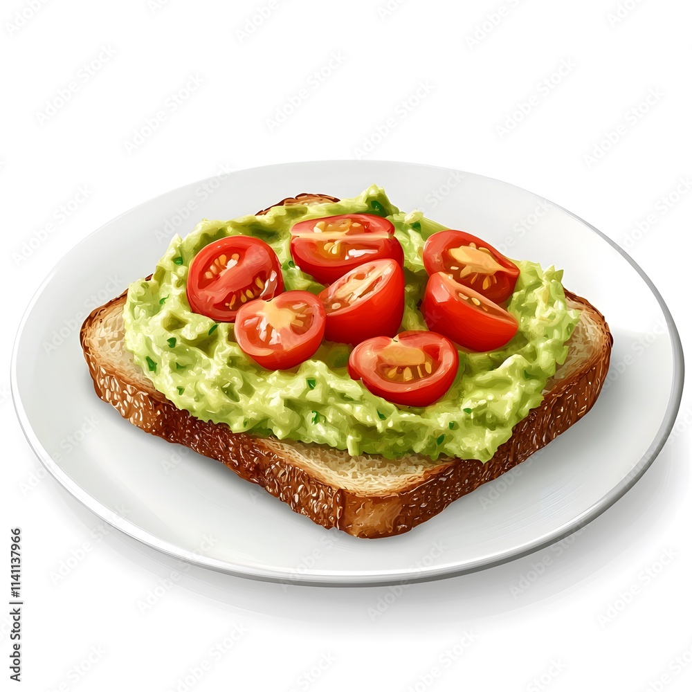 A slice of toasted bread topped with mashed avocado and cherry tomato halves. A slice of toasted bread topped with mashed avocado and cherry tomato halves.